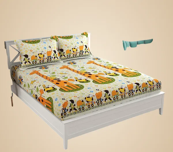 Cream_Kids_Cartoon_Animal_Bedding_Set,_Double_Bed_Size_With_2_Pillow_Covers,_Educational_Numbers_Pattern,_Yellow_And_Orange_90_X_100_In