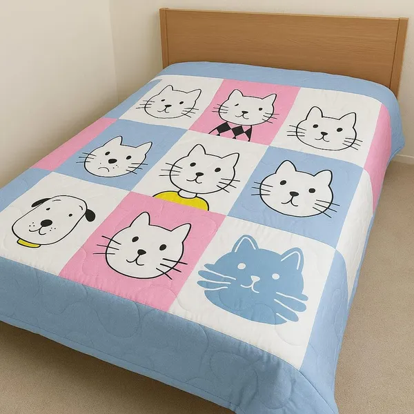 Blue,_Pink,_White_Cat_And_Dog_Pattern_Quilted_Bedspread,_Pink_And_Blue_Patchwork_Design,_Decorative_Bed_Cover