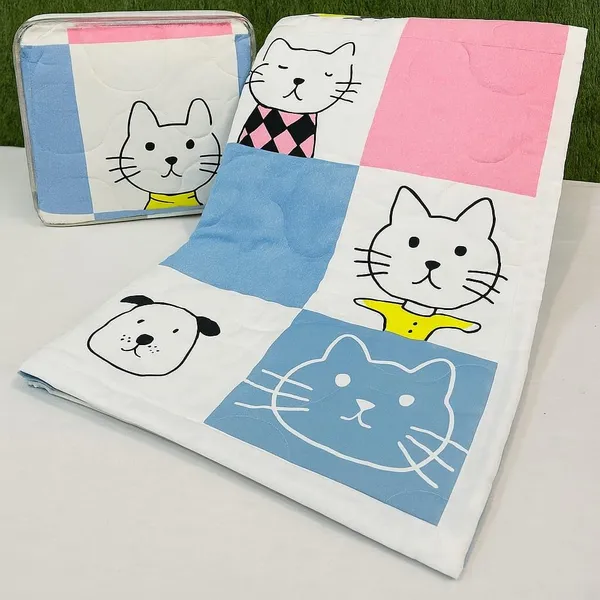 Blue,_Pink,_White_Cat_And_Dog_Pattern_Quilted_Bedspread,_Pink_And_Blue_Patchwork_Design,_Decorative_Bed_Cover