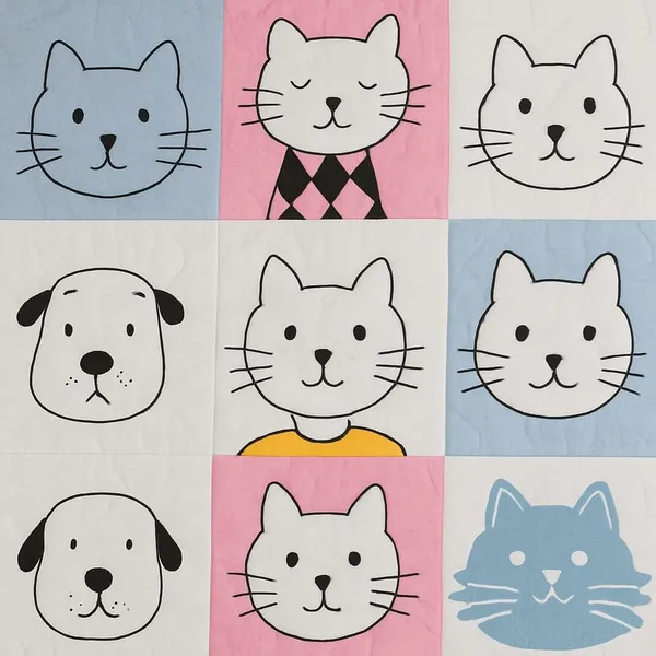 Blue,_Pink,_White_Cat_And_Dog_Pattern_Quilted_Bedspread,_Pink_And_Blue_Patchwork_Design,_Decorative_Bed_Cover