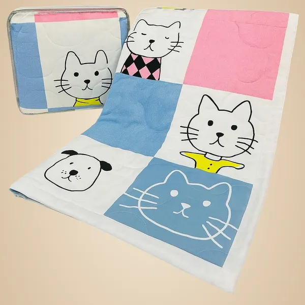Blue,_Pink,_White_Cat_And_Dog_Pattern_Quilted_Bedspread,_Pink_And_Blue_Patchwork_Design,_Decorative_Bed_Cover