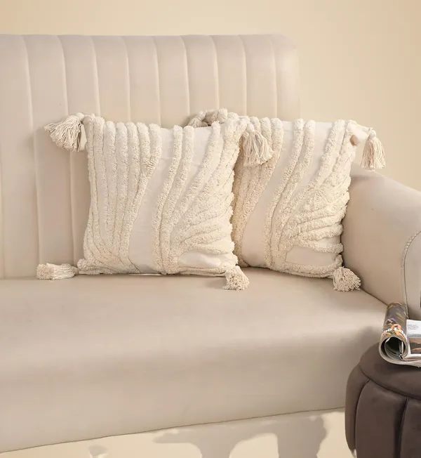 White_Boho_Decorative_Cushion_Covers,_Floral_Tufted_Design_With_Tassels