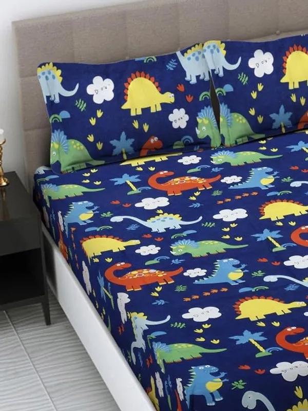 Blue_Kids_Bedsheet_In_Dino_Print_(Blue)_Flat_Bedsheet_90_X_100_In_With_2_Pillow_Covers