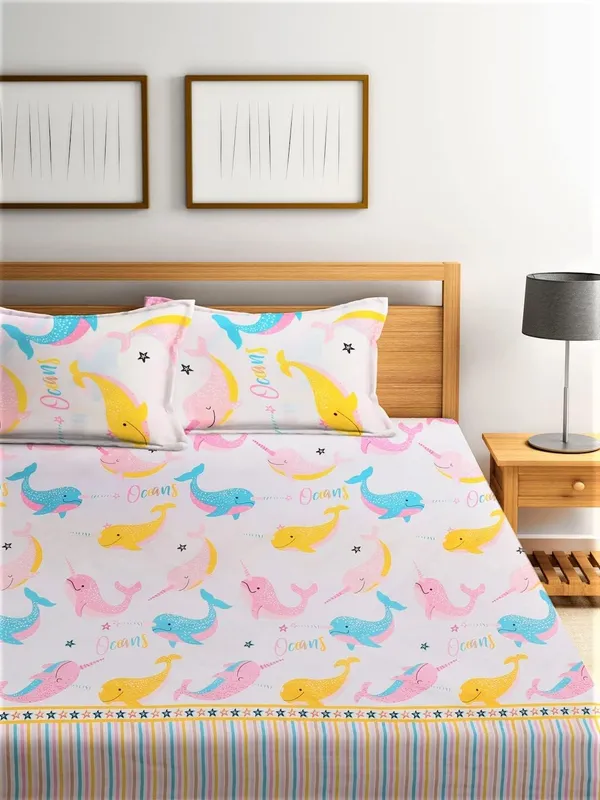 Blue_Cotton_Double_Bedsheet_Set_With_2_Pillow_Covers,_Sweet_Fish_Print,_230_X_254_Cm