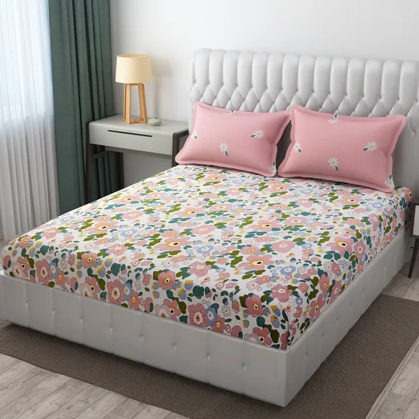 Peach_Floral_Print_Bedding_Set_With_Pink_Pillow_Covers,_Modern_Bedroom_Collection,_White_Base_With_Multi-Color_Flowers_In_King_Size_(108_X_108_In)