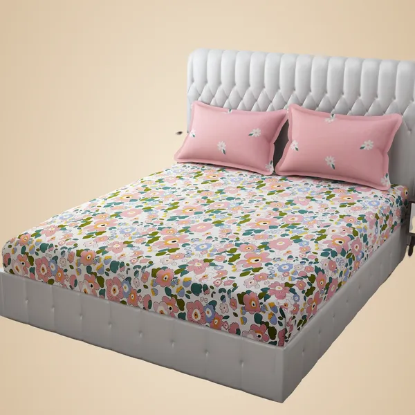 Peach_Floral_Print_Bedding_Set_With_Pink_Pillow_Covers,_Modern_Bedroom_Collection,_White_Base_With_Multi-Color_Flowers_In_King_Size_(108_X_108_In)