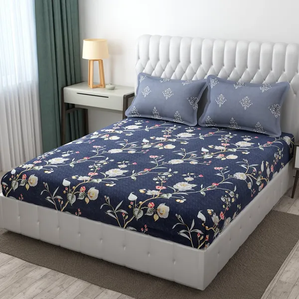 Navy_Blue_Floral_Print_Bedding_Set_With_Matching_Pillowcases,_Modern_Bedroom_Collection,_White_Base_With_Multi-Color_Flowers_In_King_Size_(108_X_108_In)