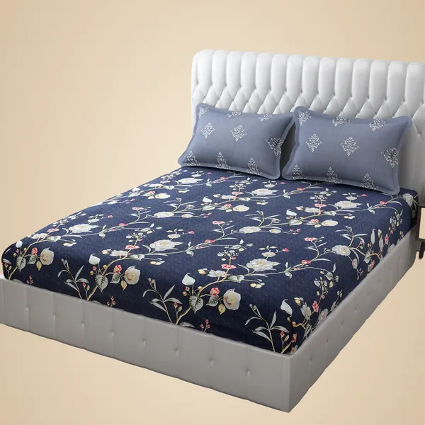 Navy_Blue_Floral_Print_Bedding_Set_With_Matching_Pillowcases,_Modern_Bedroom_Collection,_White_Base_With_Multi-Color_Flowers_In_King_Size_(108_X_108_In)