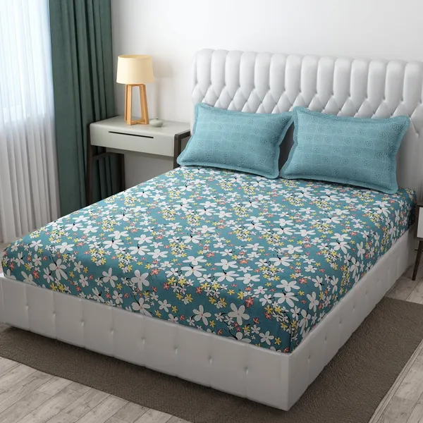 Sea_Green_Floral_Print_Bedding_Set_With_Pink_Pillowcases,_Modern_Bedroom_Collection,_White_Base_With_Multi-Color_Flowers_In_King_Size_(108_X_108_In)