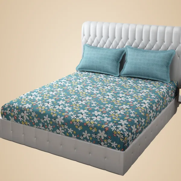 Sea_Green_Floral_Print_Bedding_Set_With_Pink_Pillowcases,_Modern_Bedroom_Collection,_White_Base_With_Multi-Color_Flowers_In_King_Size_(108_X_108_In)
