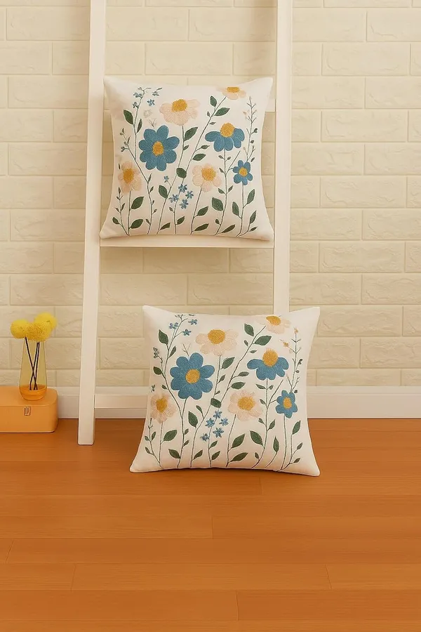 White_Decorative_Throw_Cushion_Cover_With_Embroidered_Blue_And_White_Floral_Design,_Square_Cushion_Case_16_X_16_In