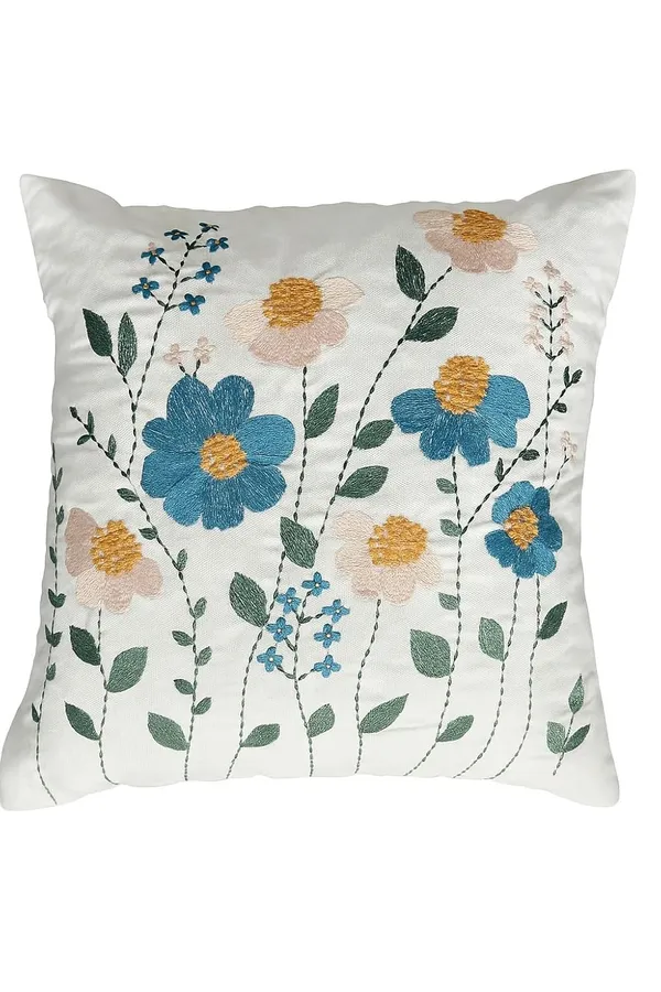 White_Decorative_Throw_Cushion_Cover_With_Embroidered_Blue_And_White_Floral_Design,_Square_Cushion_Case_16_X_16_In