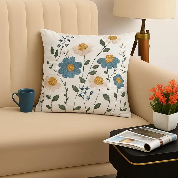 White_Decorative_Throw_Cushion_Cover_With_Embroidered_Blue_And_White_Floral_Design,_Square_Cushion_Case_16_X_16_In