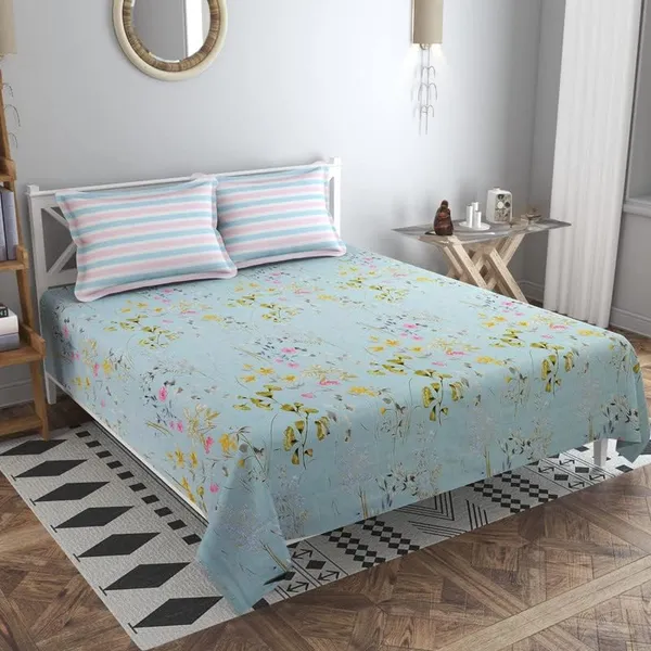 Light_Blue_Cotton_Floral_Double_Bedsheet_Set_With_2_Pillow_Covers,_72_X_78_X_8_In