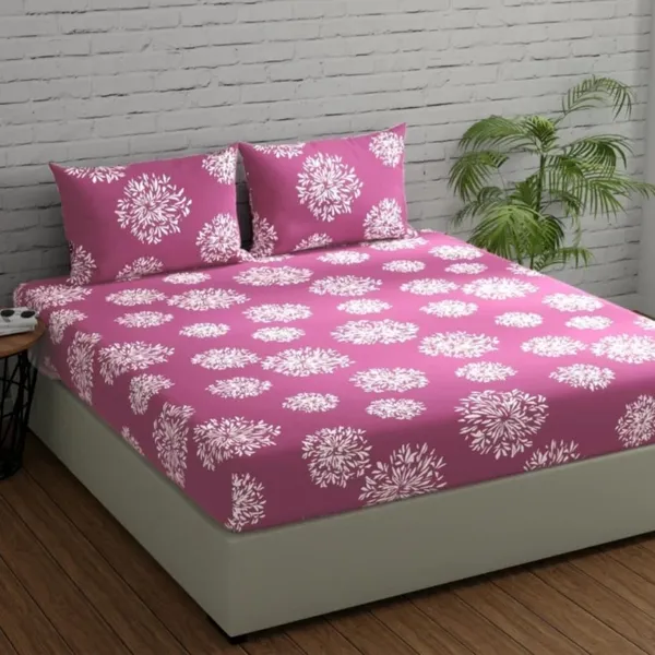 Pink_Floral_Print_Fitted_Bed_Sheet_With_2_Pillow_Covers,_Sky_Blue_And_White,_Double_Size