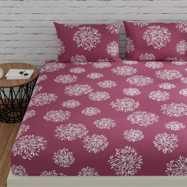 Pink_Floral_Print_Fitted_Bed_Sheet_With_2_Pillow_Covers,_Sky_Blue_And_White,_Double_Size