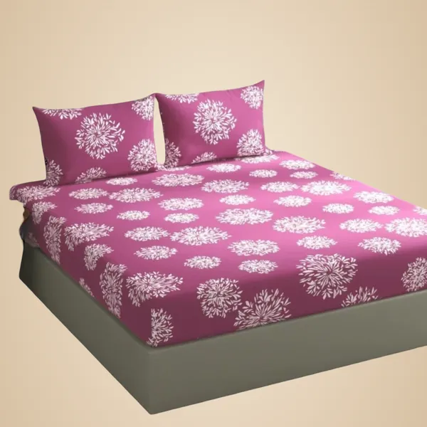 Pink_Floral_Print_Fitted_Bed_Sheet_With_2_Pillow_Covers,_Sky_Blue_And_White,_Double_Size