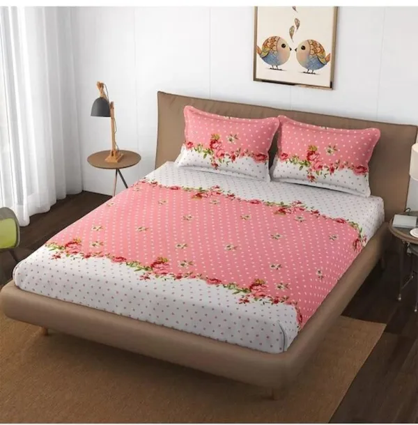 Pink,White_Floral_Print_Fitted_Bed_Sheet_With_2_Pillow_Covers_Double_Size