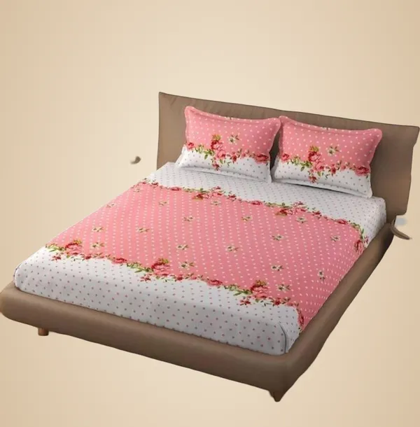 Pink,White_Floral_Print_Fitted_Bed_Sheet_With_2_Pillow_Covers_Double_Size