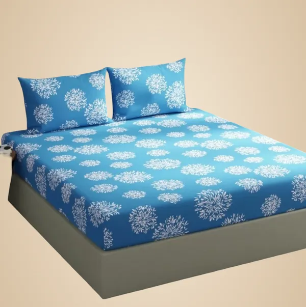 Blue_Floral_Print_Fitted_Bed_Sheet_With_2_Pillow_Covers,_Sky_Blue_And_White,_Double_Size