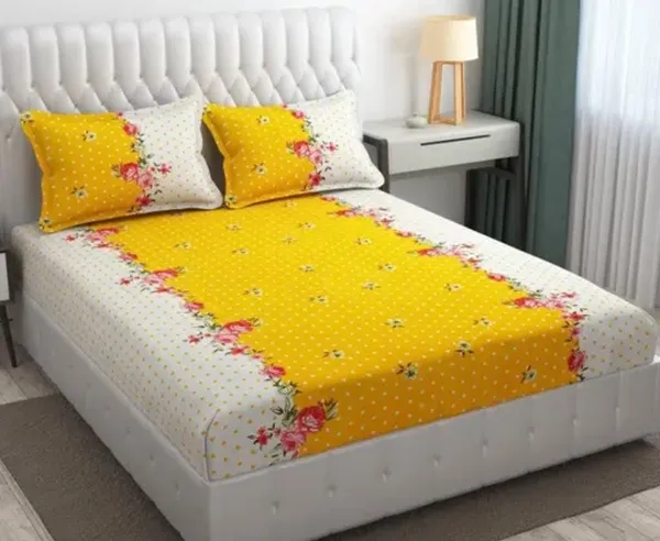 Yellow,_White_Floral_Print_Fitted_Bed_Sheet_With_2_Pillow_Covers,_Sky_Blue_And_White,_Double_Size