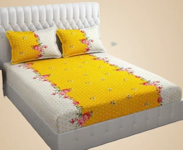 Yellow,_White_Floral_Print_Fitted_Bed_Sheet_With_2_Pillow_Covers,_Sky_Blue_And_White,_Double_Size