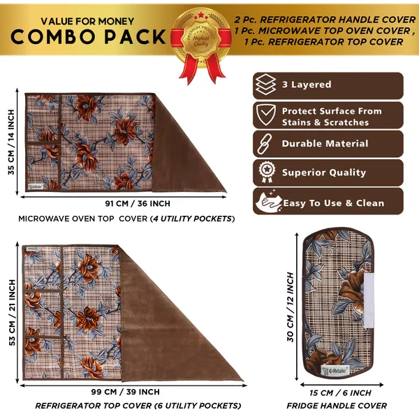 6_Pcs_Of_Cover_Appliances_Cover_Combo_Set_of_(1_Pc._Fridge_Top_Cover_+_2_Pcs._Fridge_Handle_Cover_+_6_Pcs._Fridge_Mat_+_1_Pc._Wall_Hanging_Storage_Organizer)