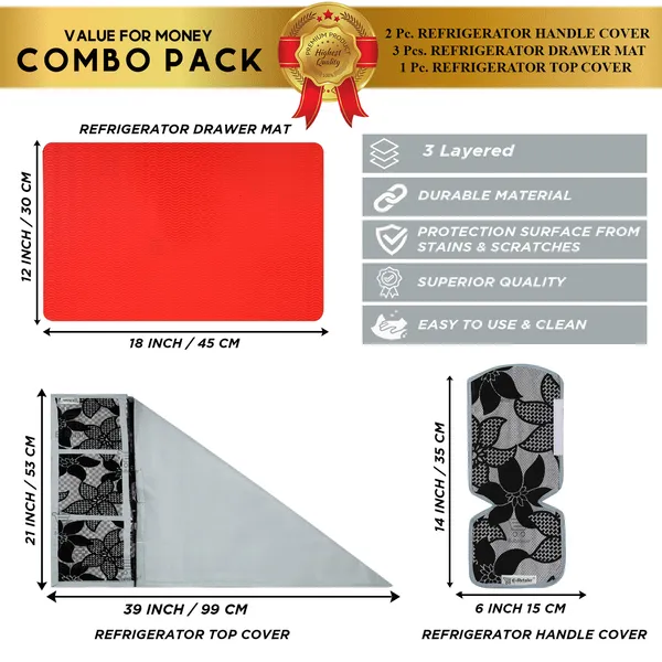 6_Pcs_Of_Cover_Appliances_Cover_Combo_Set_of_(1_Pc._Fridge_Top_Cover_+_2_Pcs._Fridge_Handle_Cover_+_6_Pcs._Fridge_Mat_+_1_Pc._Wall_Hanging_Storage_Organizer)