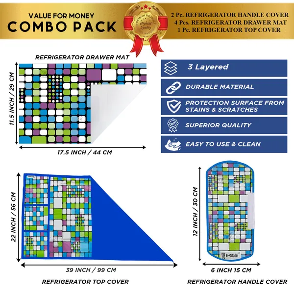 6_Pcs_Of_Cover_Appliances_Cover_Combo_Set_of_(1_Pc._Fridge_Top_Cover_+_2_Pcs._Fridge_Handle_Cover_+_6_Pcs._Fridge_Mat_+_1_Pc._Wall_Hanging_Storage_Organizer)