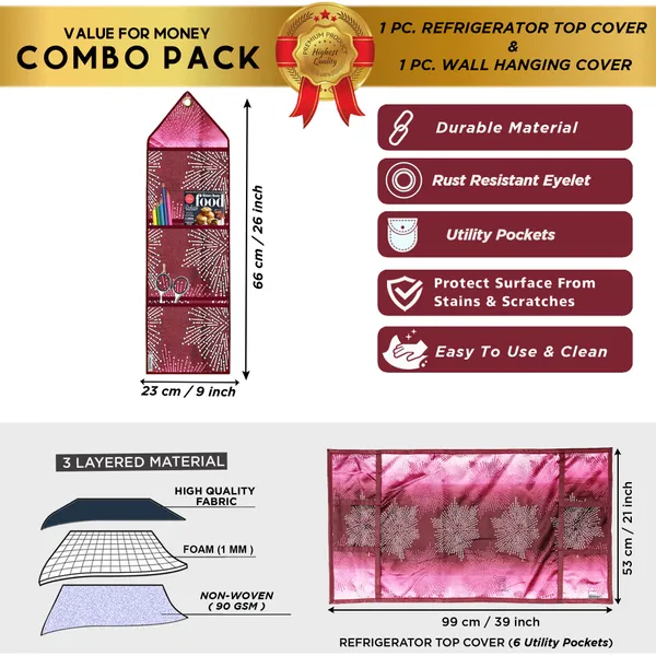 6_Pcs_Of_Cover_Appliances_Cover_Combo_Set_of_(1_Pc._Fridge_Top_Cover_+_2_Pcs._Fridge_Handle_Cover_+_1_Pc._Microwave_Oven_Cover_+_6_Pcs._Fridge_Mat_+_1_Pc._Wall_Hanging_Storage_Organizer)