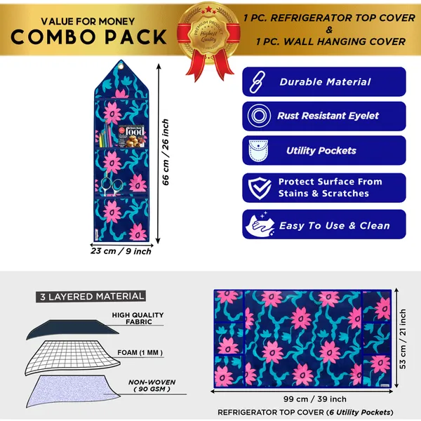 6_Pcs_Of_Cover_Appliances_Cover_Combo_Set_of_(1_Pc._Fridge_Top_Cover_+_2_Pcs._Fridge_Handle_Cover_+_6_Pcs._Fridge_Mat_+_1_Pc._Wall_Hanging_Storage_Organizer)