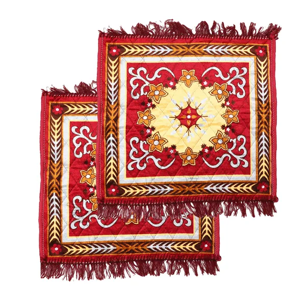Set_of_2_Pcs._Quilted_Velvet_Prayer_Mat/Pooja_Aasan_Mat/Floor_Mat__(Color-Leaf_Red,_Size-18X18_Inches)