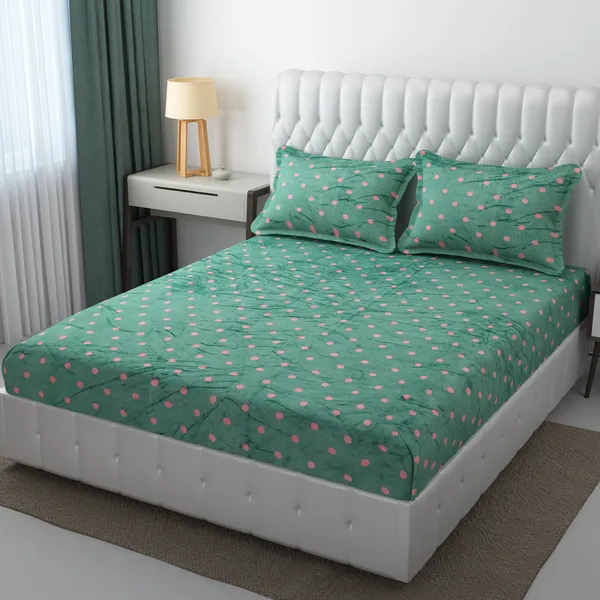 Snowdrop_LightGreen-Dot_Warm_Fitted_Bedsheet_for_Winter_(Size_72_x_78_x_10)