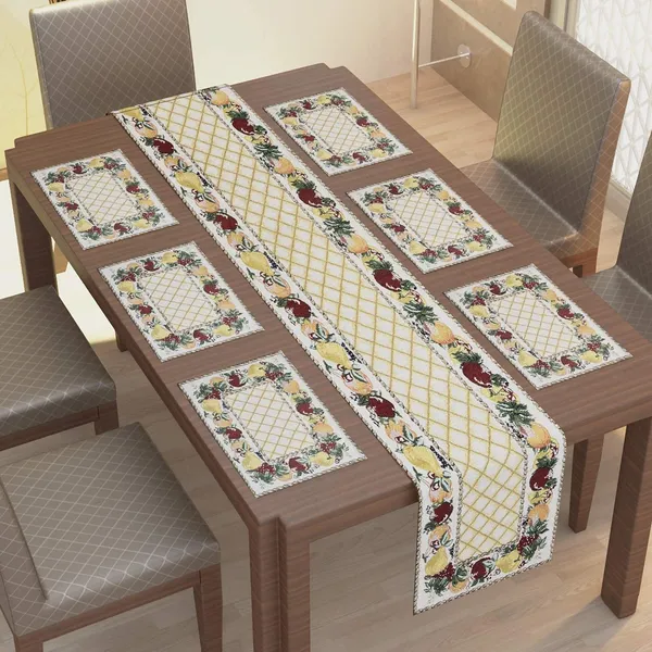 Jacquard_Cotton_Rectangular_Floral_Yellow_Dining_Table_Mats_with_Runner,_12.5"_x_19",_Set_of_7