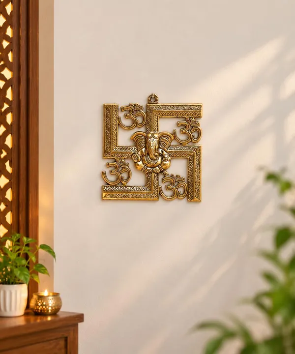 DreamKraft_Metal_Ganesha_Om_Swastika_Wall_Hanging,_Gold,_22_cm