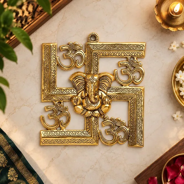 DreamKraft_Metal_Ganesha_Om_Swastika_Wall_Hanging,_Gold,_22_cm
