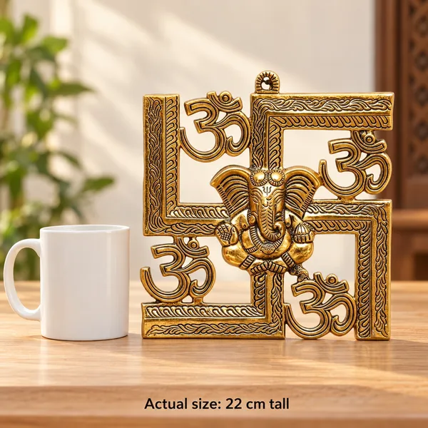 DreamKraft_Metal_Ganesha_Om_Swastika_Wall_Hanging,_Gold,_22_cm
