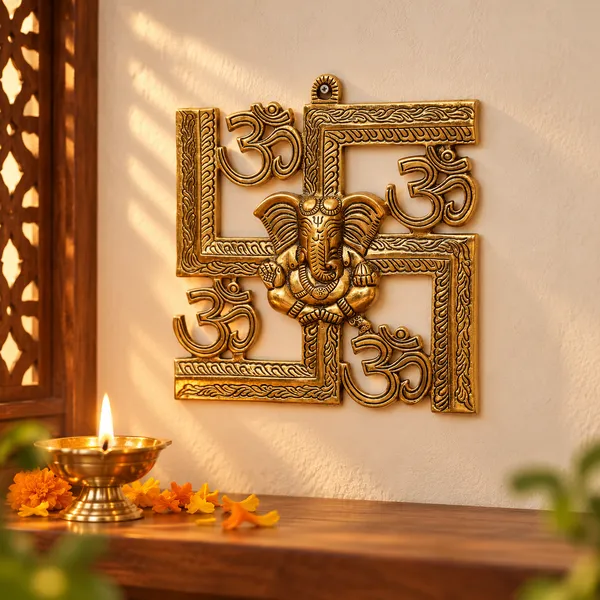 DreamKraft_Metal_Ganesha_Om_Swastika_Wall_Hanging,_Gold,_22_cm