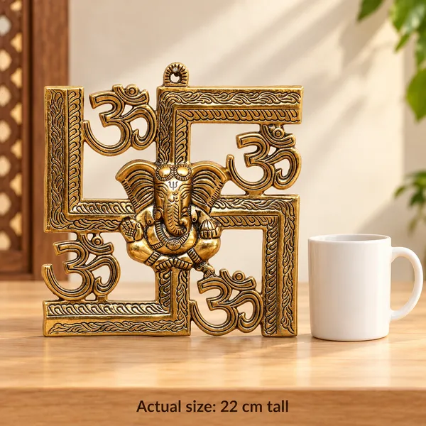 DreamKraft_Metal_Ganesha_Om_Swastika_Wall_Hanging,_Gold,_22_cm