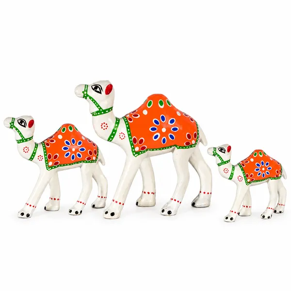 DreamKraft_Paper_Mache_Camel_Showpiece_Set_of_3,_White_and_Orange