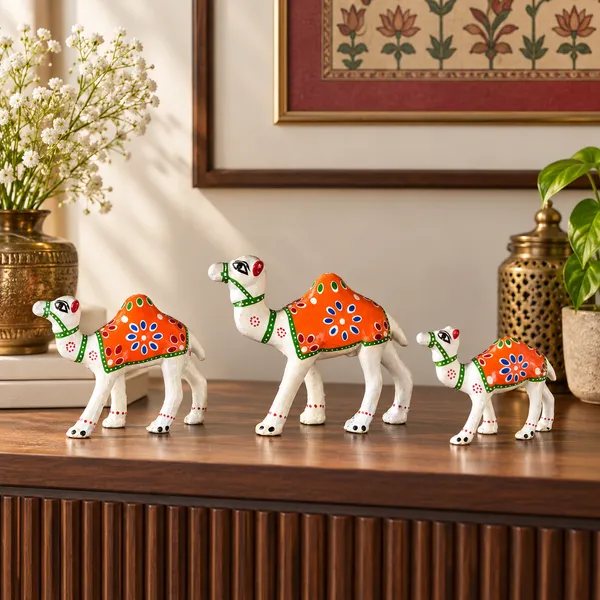 DreamKraft_Paper_Mache_Camel_Showpiece_Set_of_3,_White_and_Orange