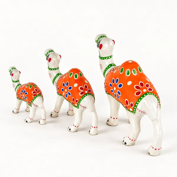 DreamKraft_Paper_Mache_Camel_Showpiece_Set_of_3,_White_and_Orange