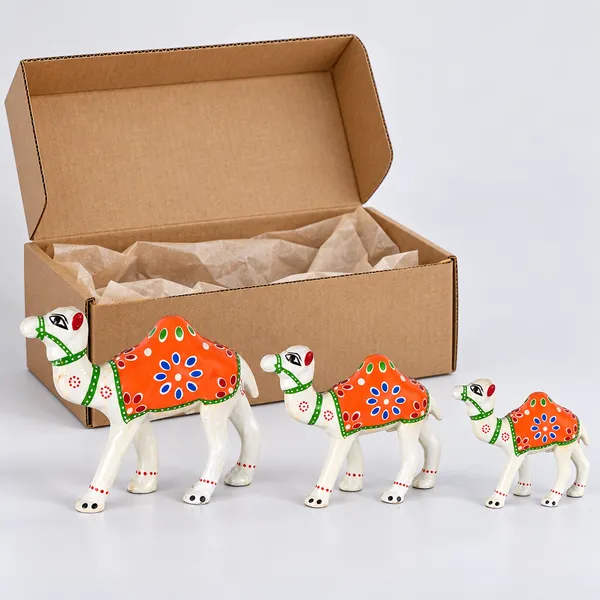 DreamKraft_Paper_Mache_Camel_Showpiece_Set_of_3,_White_and_Orange
