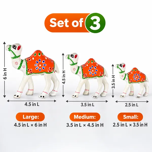DreamKraft_Paper_Mache_Camel_Showpiece_Set_of_3,_White_and_Orange