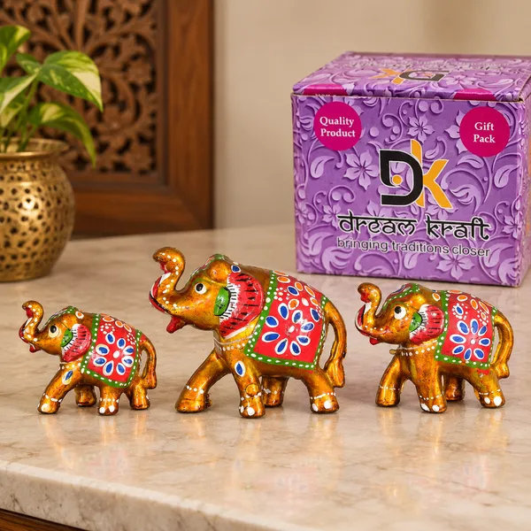 DreamKraft_Paper_Mache_Elephant_Showpiece_Set_of_3,_Yellow