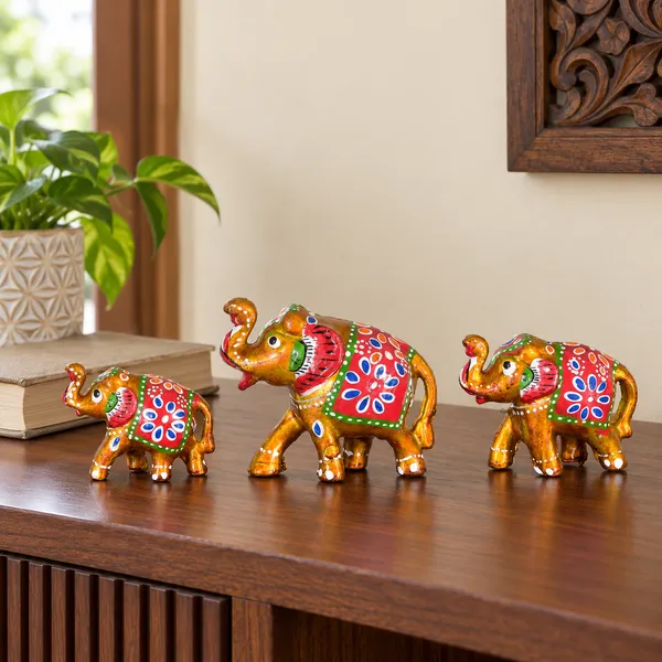 DreamKraft_Paper_Mache_Elephant_Showpiece_Set_of_3,_Yellow