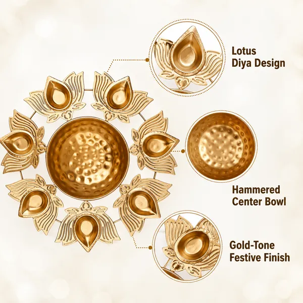 DreamKraft_Metal_Lotus_Diya_Urli_Bowl_with_Seven_Diyas,_Gold,_10_in