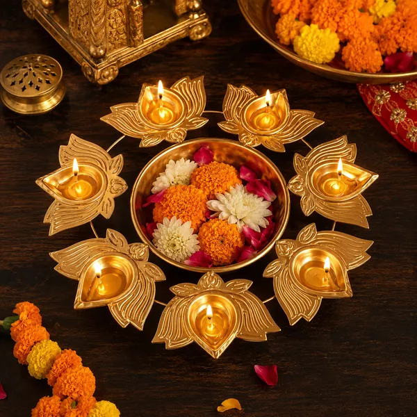 DreamKraft_Metal_Lotus_Diya_Urli_Bowl_with_Seven_Diyas,_Gold,_10_in