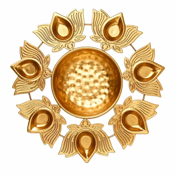 DreamKraft_Metal_Lotus_Diya_Urli_Bowl_with_Seven_Diyas,_Gold,_10_in