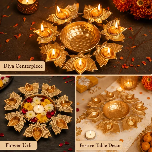 DreamKraft_Metal_Lotus_Diya_Urli_Bowl_with_Seven_Diyas,_Gold,_10_in